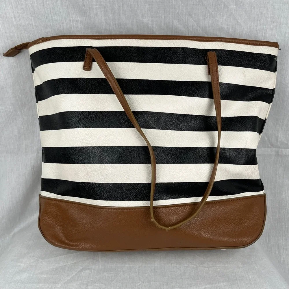 Nine West Tote Bag Black White Striped Faux‎ Leather Tassels Brown Trim